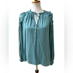SUNDANCE So In Love Ruffle Peasant Top Long Sleeve V-neck Green Women’s Small